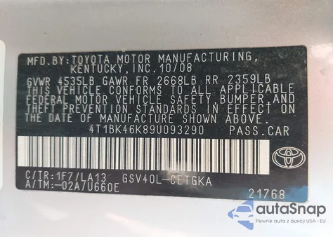 2009 Toyota Camry Xle V6 из США, поврежденный, VIN 4T1BK46K89U093290